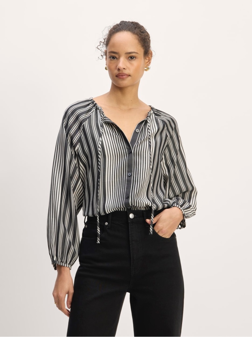 Everlane Black & White Vertical-Stripe Button Blouse
